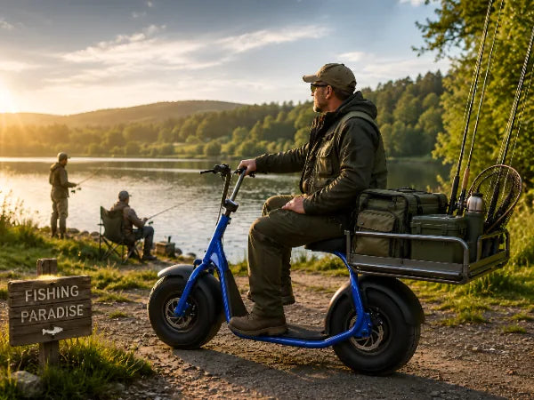 Man seated on blue KAASPEED electric scooter by lake with fishing gear.