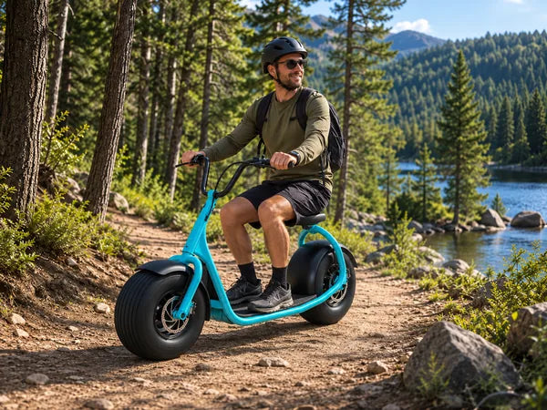 Man riding a Pro Scoot electric scooter through a forest trail