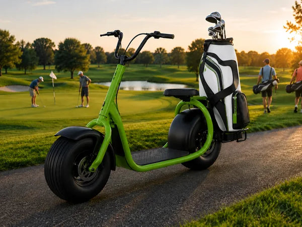green scooter with golf bag, golf course
Pro Scoot electric scooter with golf bag on golf course at sunset