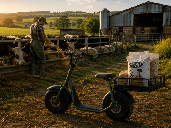 man with scooter and trailer, sheep in field
Man with a Pro Scoot electric scooter and trailer working with sheep
