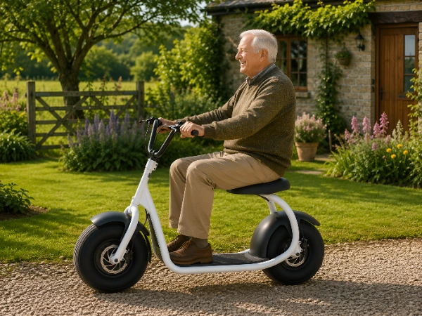 older man riding scooter in garden
Older man riding a Pro Scoot electric scooter in a garden