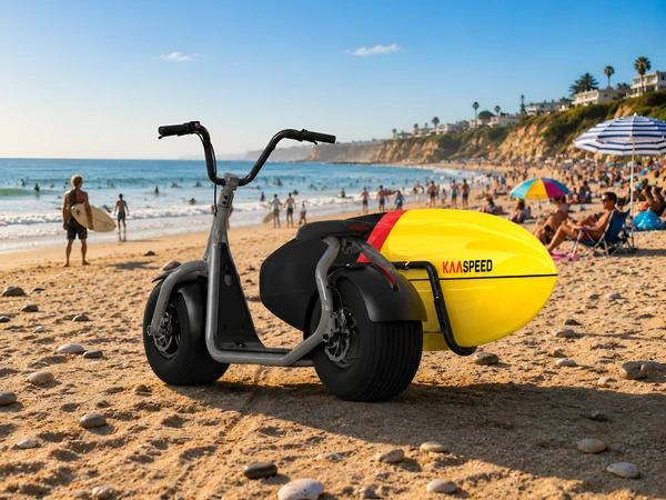 scooter with paddleboard on beach
Pro Scoot electric scooter with paddleboard on a beach