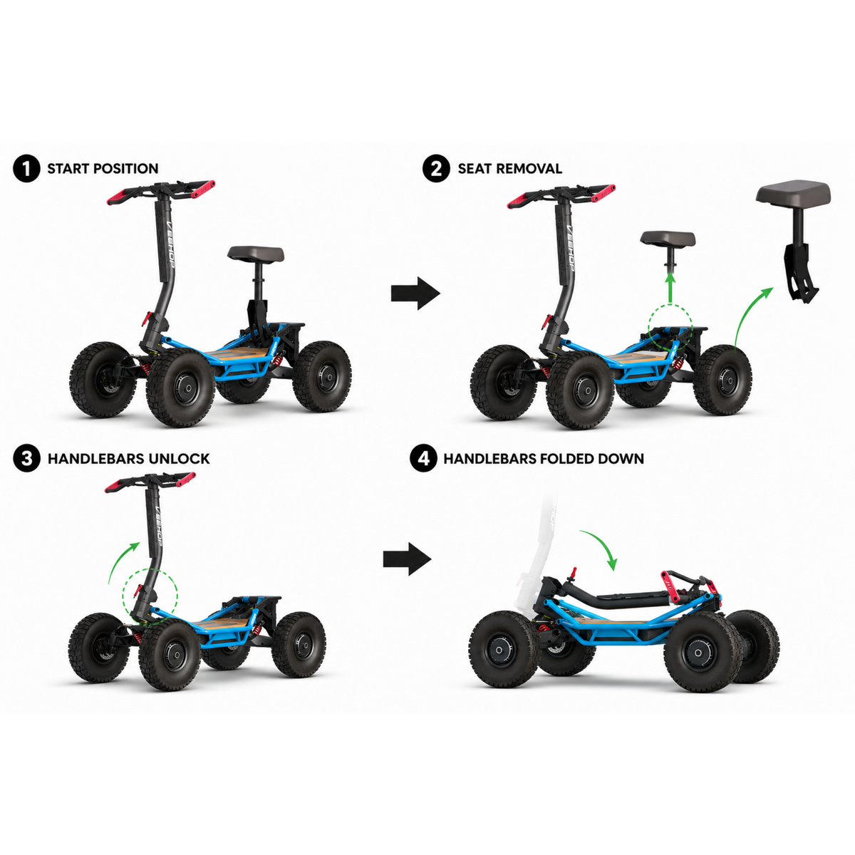 VEEHOP 2WD/4WD electric scooter folding instructions: seat removal and handlebar fold steps