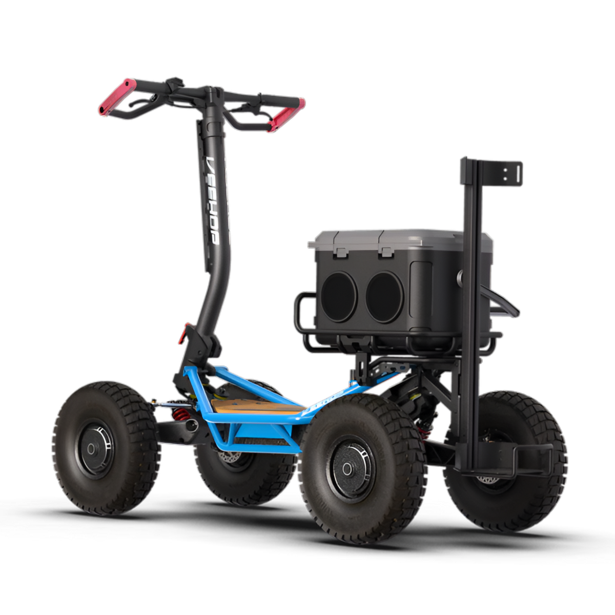 Blue VEEHOP 2WD/4WD electric scooter with large cooler box mounted on rear rack