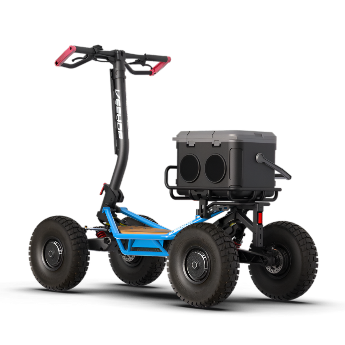 Blue VEEHOP 2WD/4WD electric scooter with large cooler box, rear three-quarter view