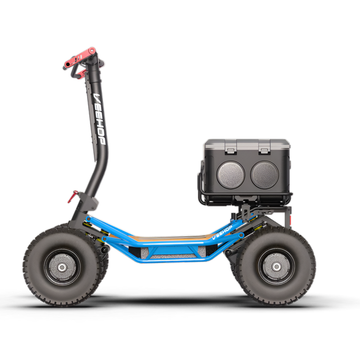 Blue VEEHOP 2WD/4WD electric scooter with large cooler box, front angle view