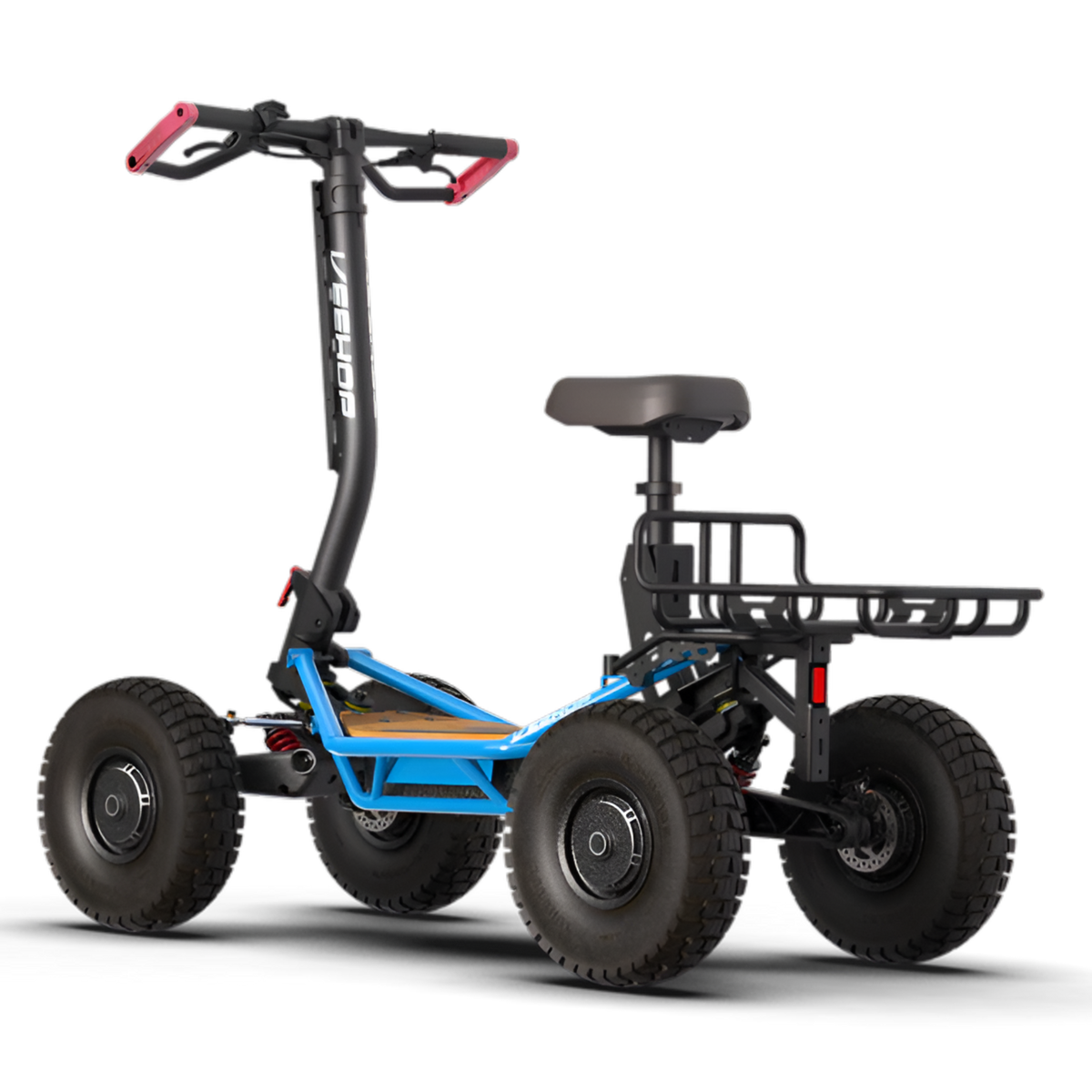Blue VEEHOP 2WD/4WD electric scooter with seat and empty cargo rack installed