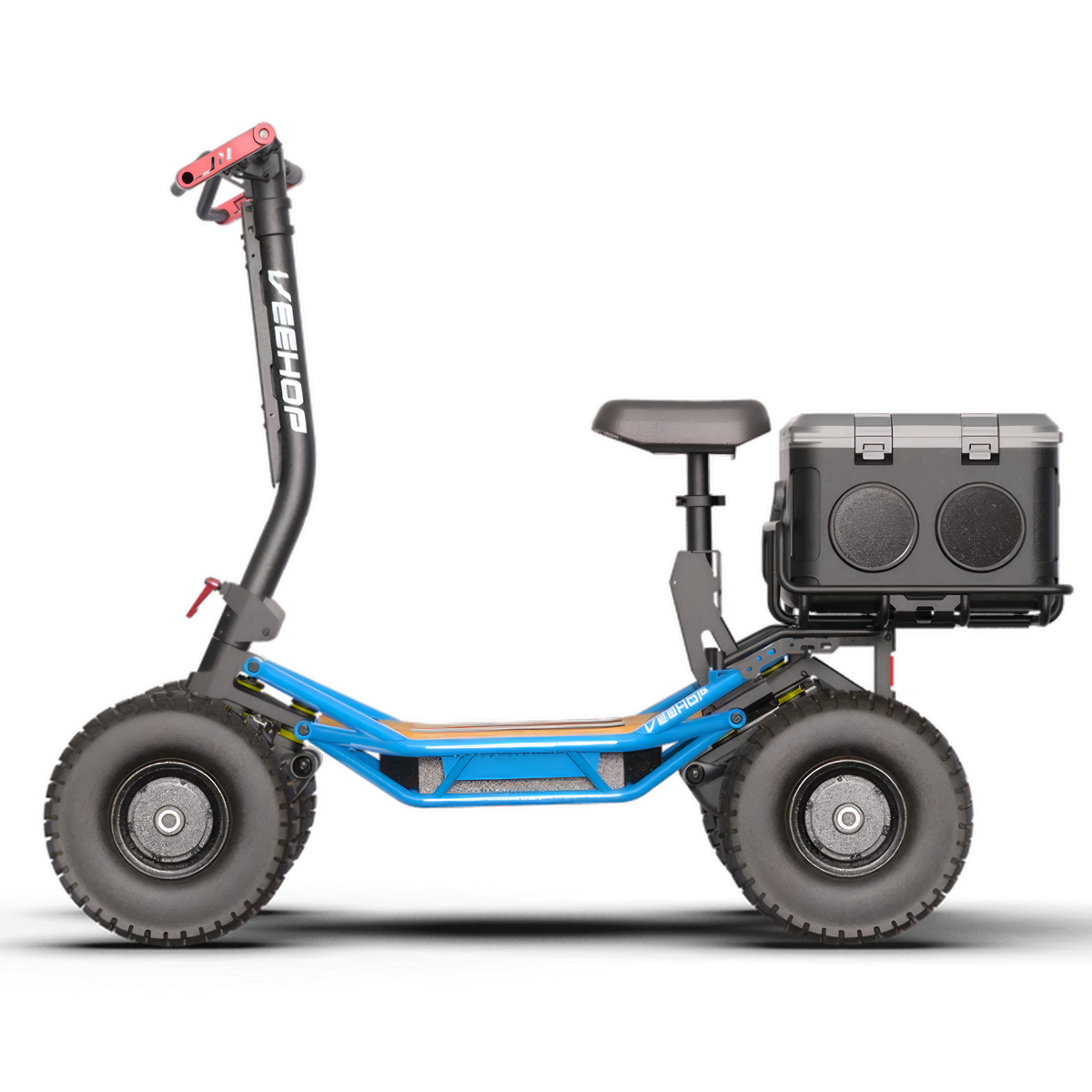 Blue VEEHOP 2WD/4WD electric scooter with seat and cooler box installed