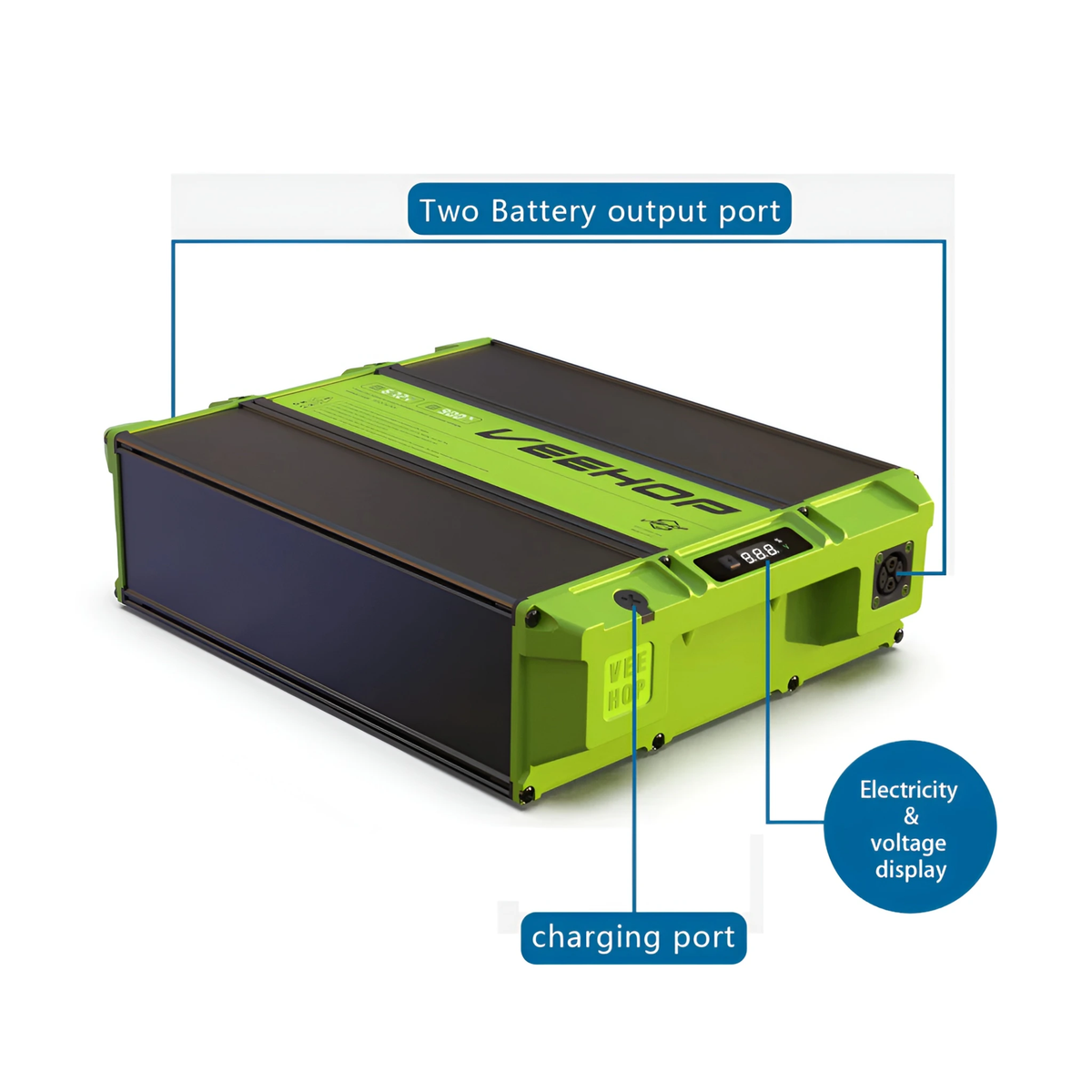 VEEHOP 2WD/4WD electric scooter removable battery pack with charging port and display diagram
