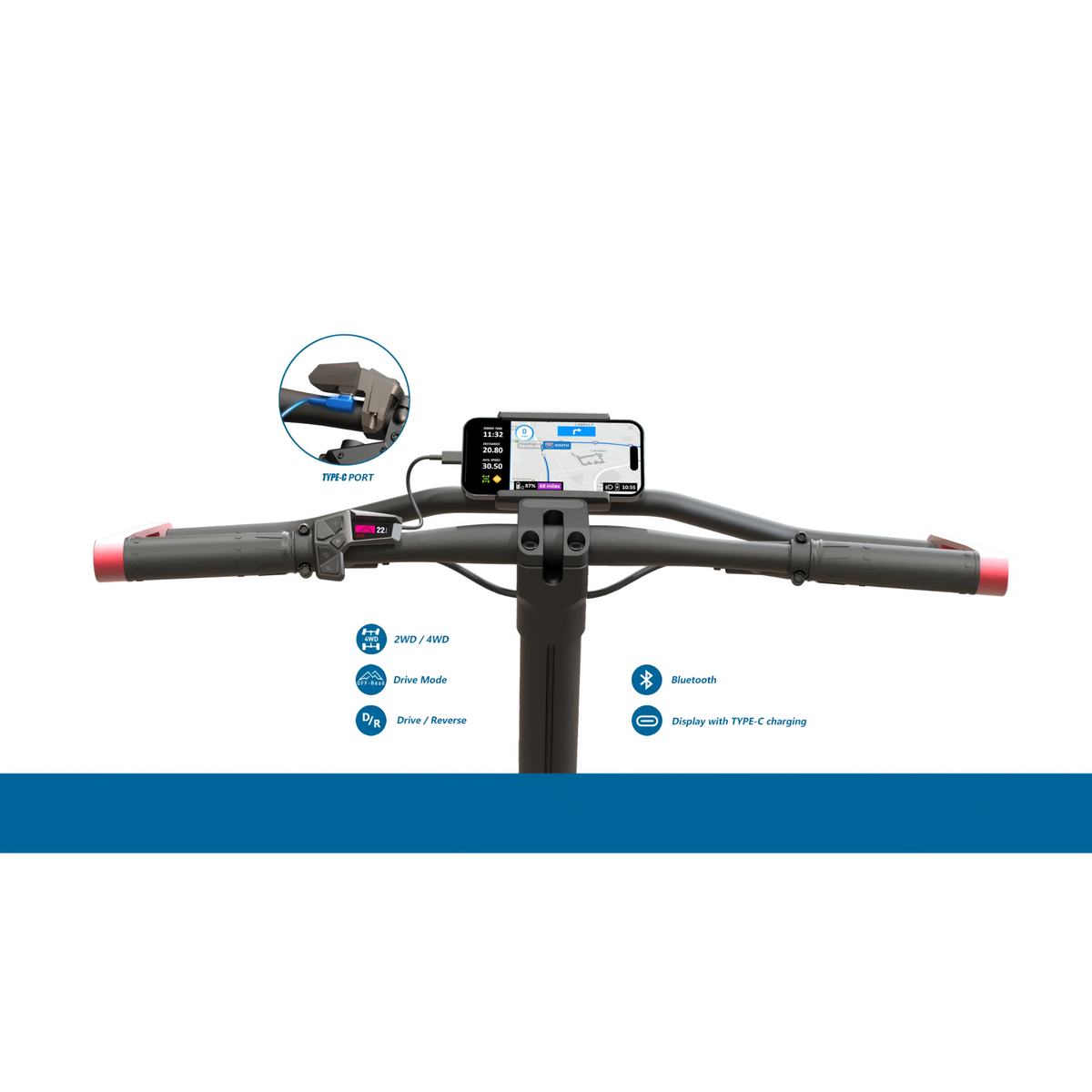 VEEHOP 2WD/4WD electric scooter phone mount, charging port and control features diagram