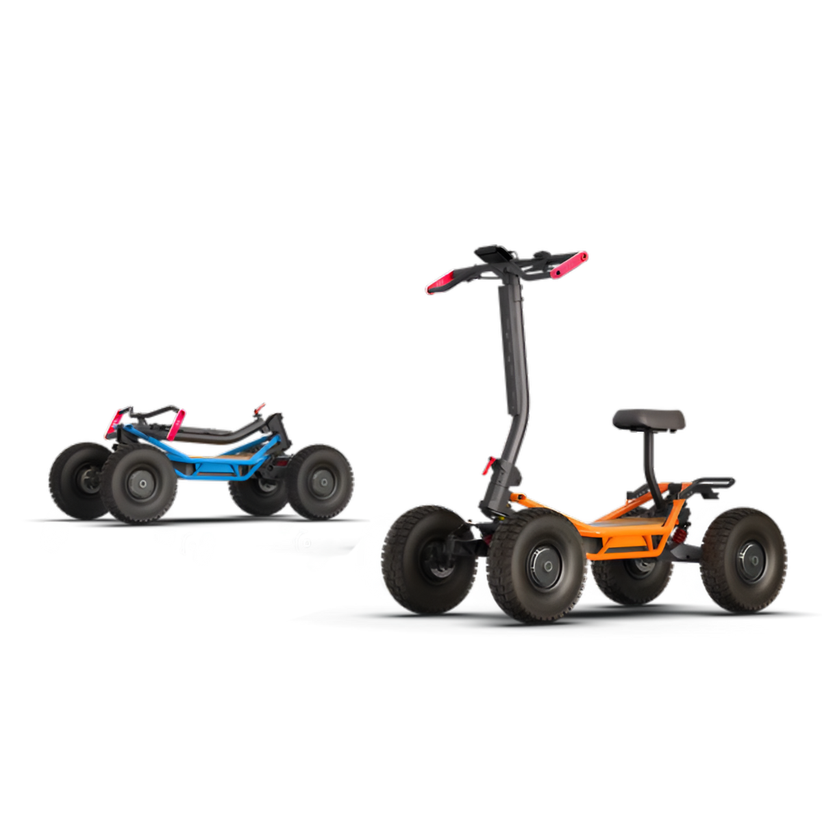 Orange VEEHOP 2WD/4WD electric scooter with seat installed, folded blue scooter shown for scale