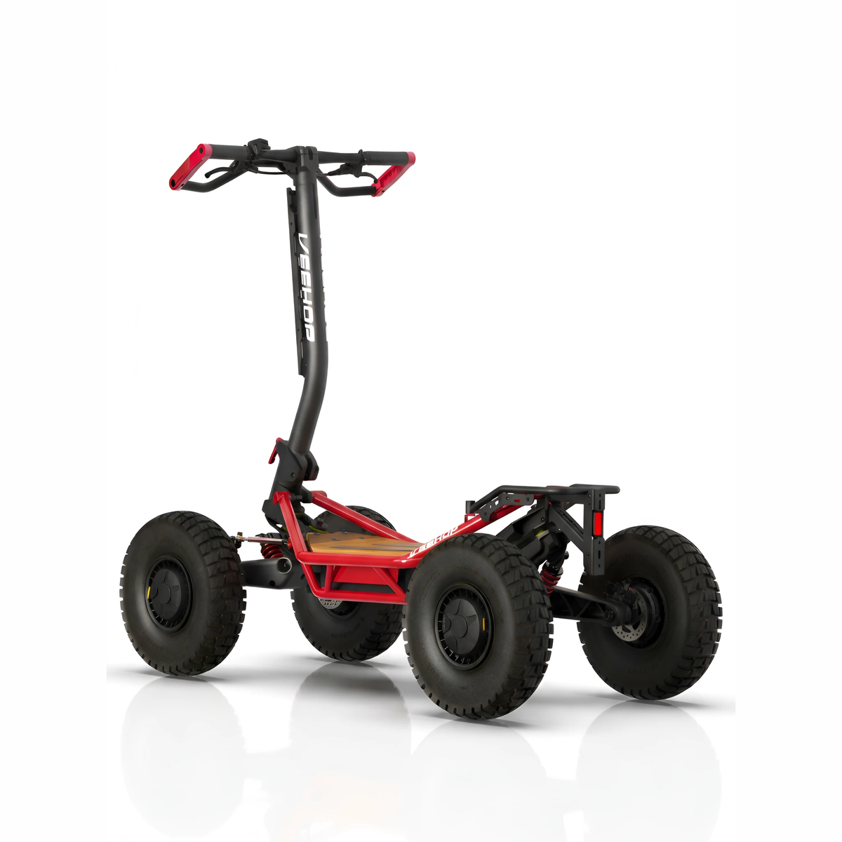 VEEHOP 2WD/4WD electric scooter, red, rear three-quarter view with suspension visible