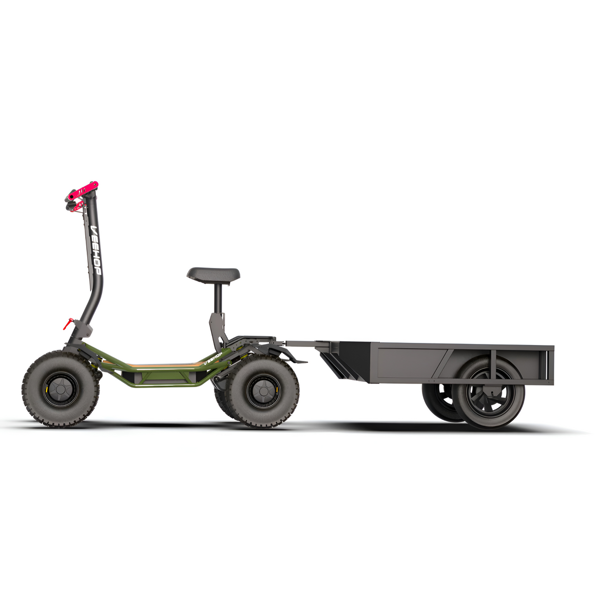 Green VEEHOP 2WD/4WD electric scooter with hitched flatbed trailer