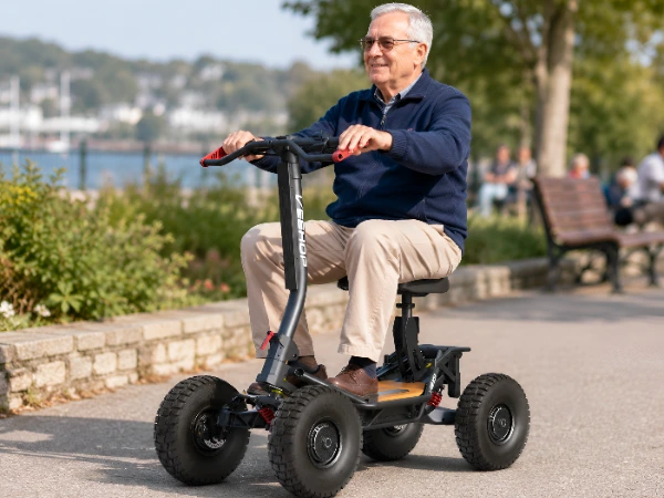 older man riding scooter on path
Older man riding a Pro Scoot electric scooter on a pathway