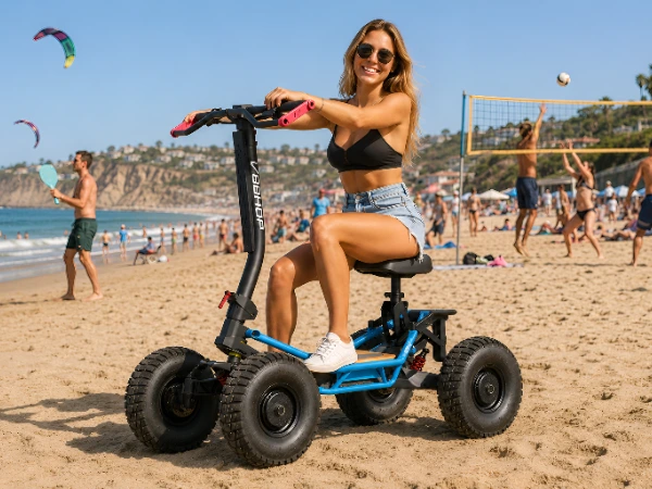 woman with kite/wing on scooter, beach
Woman with kite gear on a Pro Scoot electric scooter at the beach