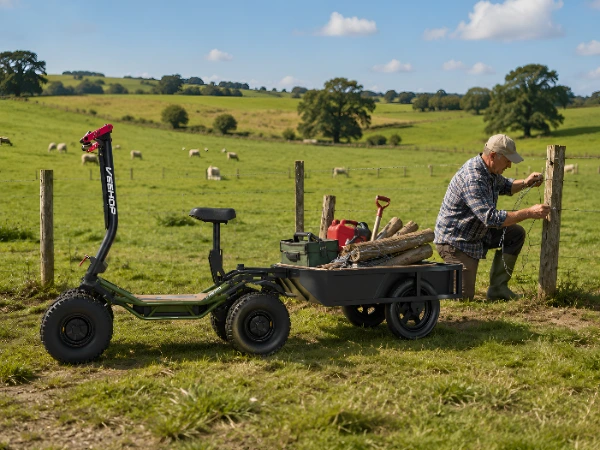 man with scooter and cargo trailer in field
Man with a Pro Scoot electric scooter and cargo trailer in a farm field