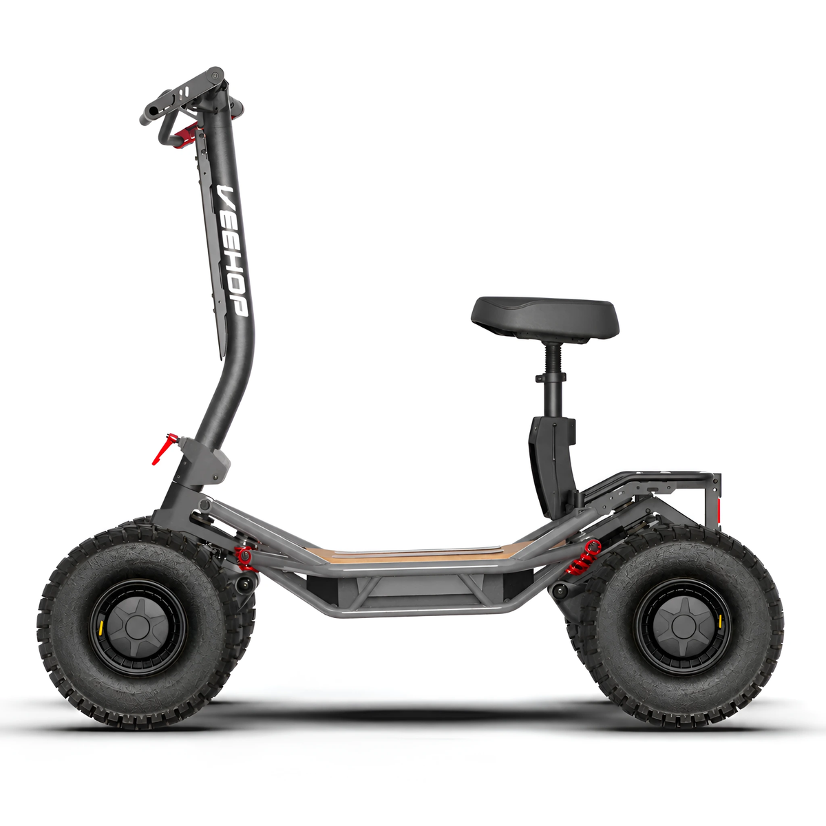 Grey VEEHOP 2WD/4WD electric scooter with padded comfort seat installed, side profile view