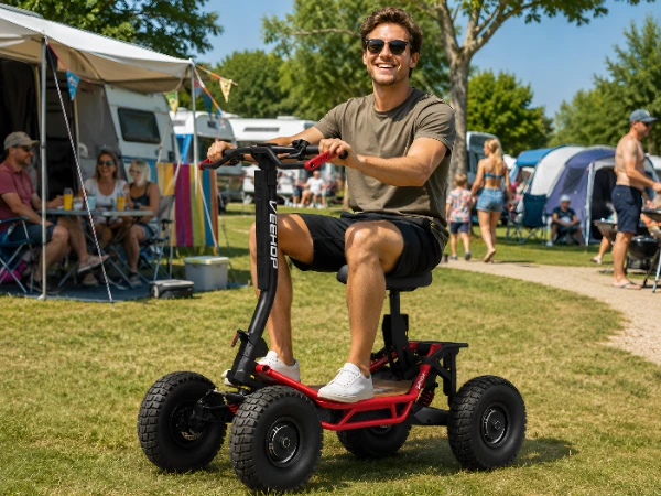 man riding scooter through campsite
Man riding a Pro Scoot electric scooter through a caravan campsite