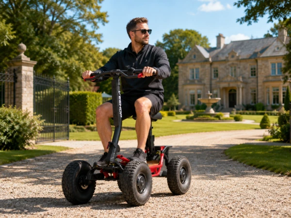 man on scooter, country house grounds
Man riding a Pro Scoot electric scooter through country estate grounds