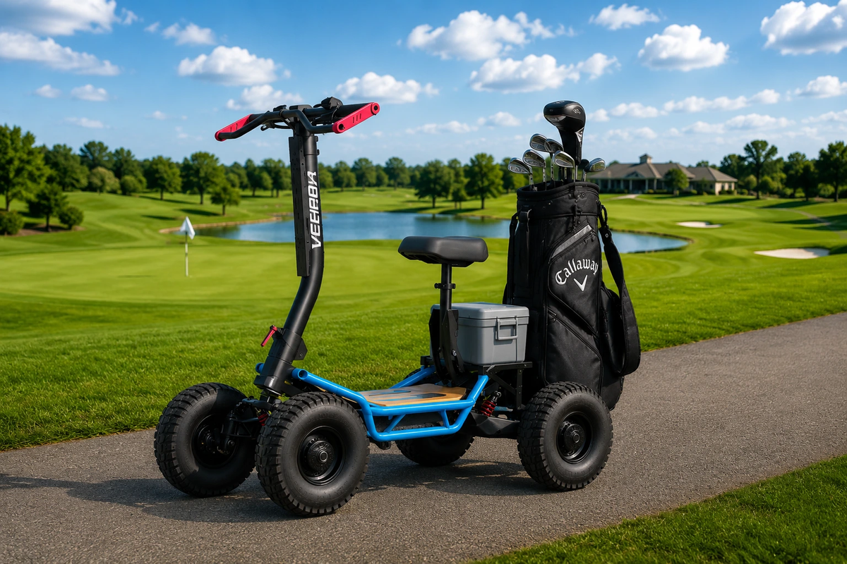blue scooter with golf bag and cooler, golf course
Pro Scoot electric scooter with golf bag and cooler on golf course