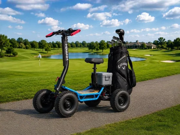 Blue VEEHOP scooter with golf bag and cooler on the golf course