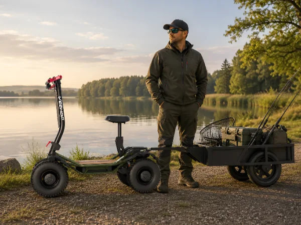 Man standing by VEEHOP electric scooter with trailer, lakeside at dusk.