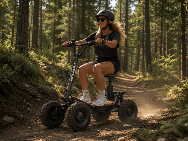 Woman riding VEEHOP electric scooter through forest.